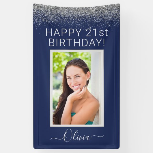 Birthday Foto Navy Blue Silver Glitter Girly Spandoek (Verticaal)