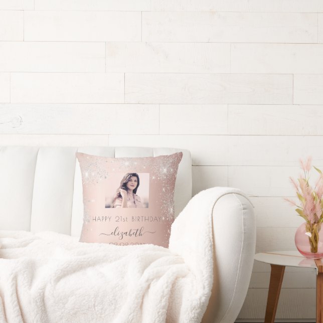 Birthday foto roos Gold zilverglitter stofnaam Kussen (Bank)