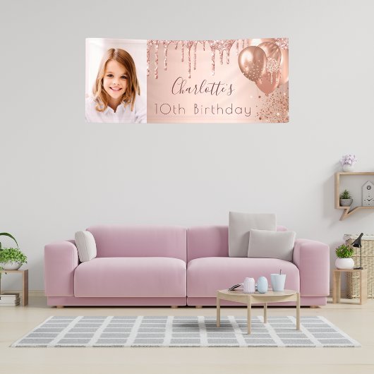 Birthday foto roos goud glitter monogram spandoek
