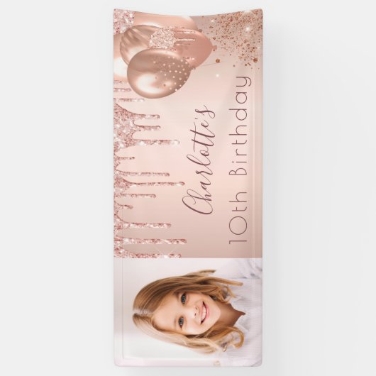 Birthday foto roos goud glitter monogram spandoek (Verticaal)