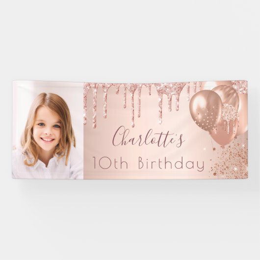 Birthday foto roos goud glitter monogram spandoek (Horizontaal)