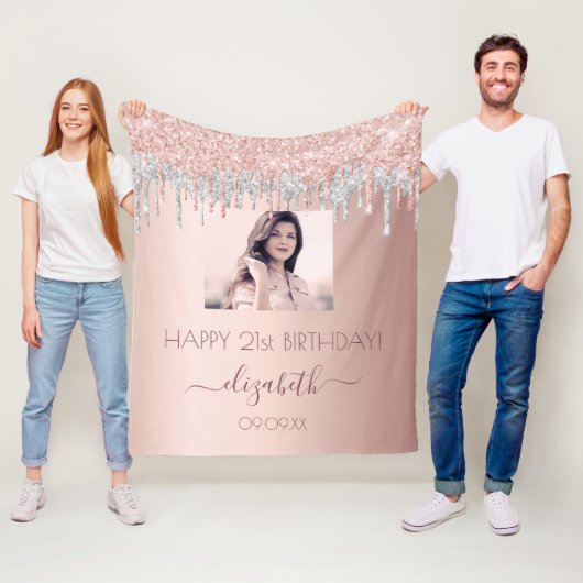 Birthday foto roos goud glitter roze zilverglazuur fleece deken (In situ)