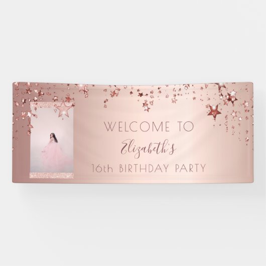Birthday foto roos gouden glitter sterren welkom spandoek (Horizontaal)
