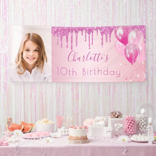 Birthday foto roze glitter monogram banner (Feest)