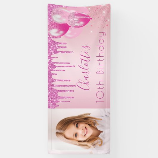 Birthday foto roze glitter monogram banner (Verticaal)