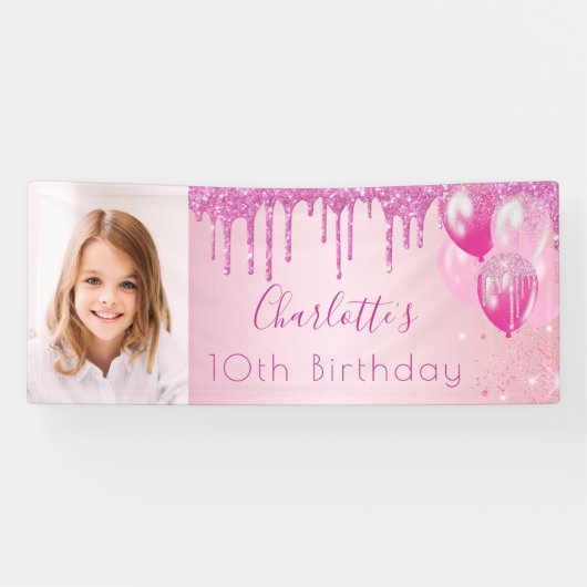 Birthday foto roze glitter monogram banner (Horizontaal)