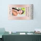 Birthday Foto roze Silver Glitter Girly Roos Gold Spandoek (Beurs)