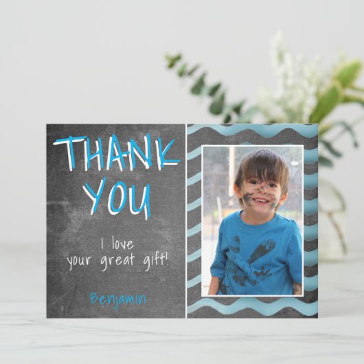 Birthday Foto van Cute Blue Chalkboard Bedankkaart (Staand voorkant)