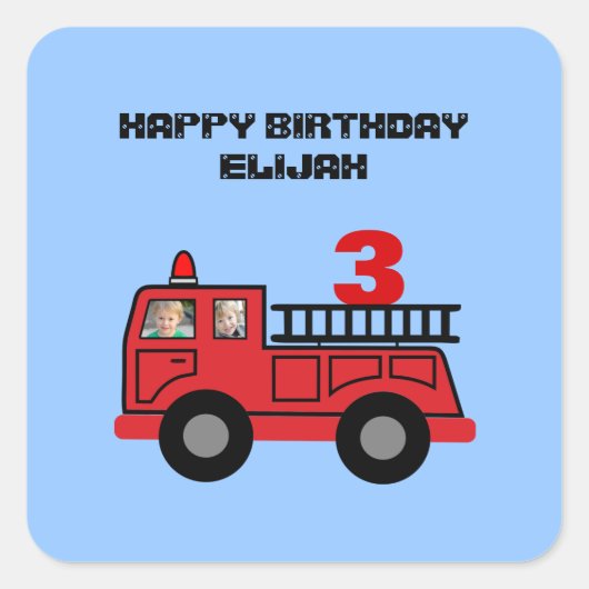 Birthday Foto van Red Fire Truck Kind Vierkante Sticker (Voorkant)