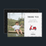 Birthday Foto van Red Retro Scooter Theme Bedankkaart<br><div class="desc">Cute waterverf red retro scooter thema,  verjaardagsfeestje platte foto bedankt je kaart.</div>