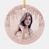 Birthday foto wazig roze roze roodbruine glitter keramisch ornament (Voorkant)
