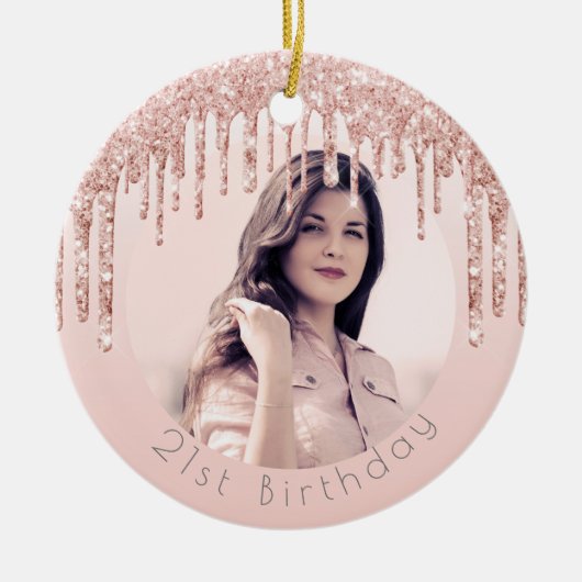Birthday foto wazig roze roze roodbruine glitter keramisch ornament (Voorkant)