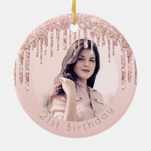 Birthday foto wazig roze roze roodbruine glitter keramisch ornament (Achterkant)