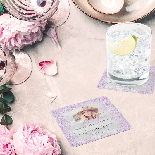 Birthday foto zilverpaarse glitterstofmonogram kartonnen onderzetters