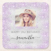 Birthday foto zilverpaarse glitterstofmonogram kartonnen onderzetters (Voorkant)