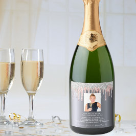 Birthday foto zilverroze glitter leuke foto bio sparkling wijnetiket