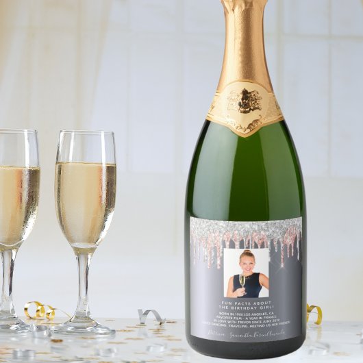 Birthday foto zilverroze glitter leuke foto bio sparkling wijnetiket
