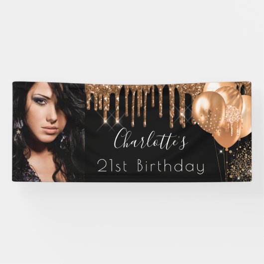 Birthday foto zwart goud glitter monogram spandoek (Horizontaal)
