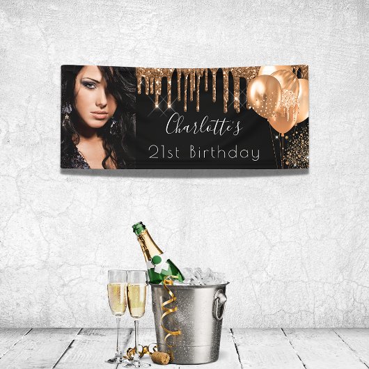 Birthday foto zwart goud glitter monogram spandoek