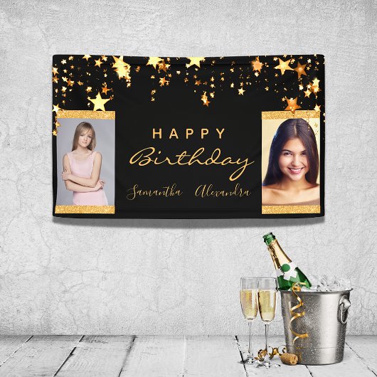 Birthday foto zwarte gouden sterren twee bevriende spandoek