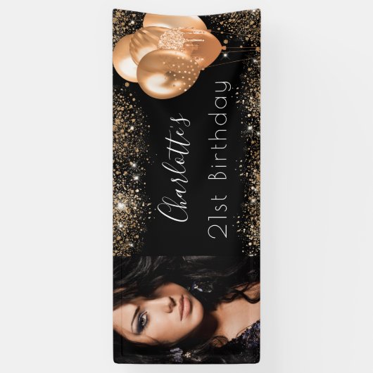 Birthday foto zwarte goudglitter stofnaamscript spandoek (Verticaal)