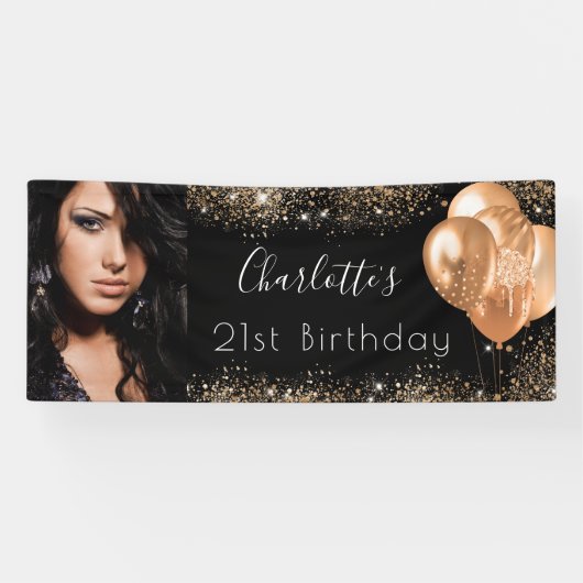 Birthday foto zwarte goudglitter stofnaamscript spandoek (Horizontaal)