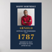 Birthday Fotosjabloon Elegant Chic Blue Gold Pos Poster (Voorkant)