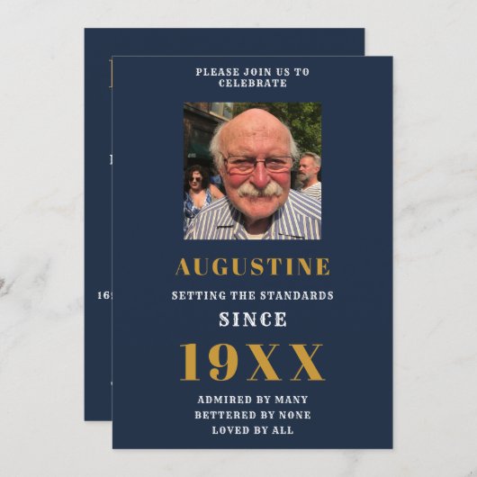 Birthday Fototemplate Elegant Chic Blue Gold Kaart (Voorkant / Achterkant)