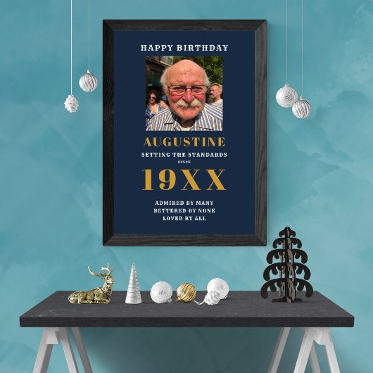 Birthday Fototemplate Elegant Chic Blue Gold Poster