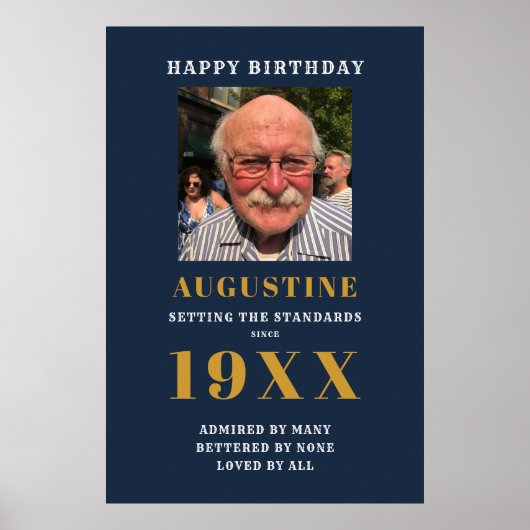 Birthday Fototemplate Elegant Chic Blue Gold Poster (Voorkant)