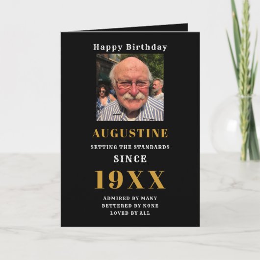 Birthday Fototemplate Naam zwart Gold Elk jaar Kaart (Voorkant)