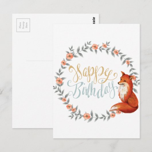 Birthday Fox Wreath Briefkaart (Voorkant / Achterkant)