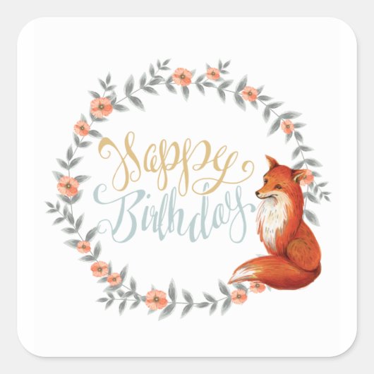 Birthday Fox Wreath Vierkante Sticker (Voorkant)