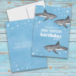 Birthday Fun Whimsical Ocean Swimming Sharks Kaart<br><div class="desc">Dit schattige ontwerp is voorzien van een schattige wateroceaan op verjaardagsniveau,  een waterverf haaienvis zee dier,  wilde natuur zeemannen,  een haaienvis grijs zwart,  een leuke feestelijke feestelijke uitnodiging,  een verjaardagsfeestdag van het kind,  een zomerleuke zwemzwemtocht,  een creatieve unieke coole typografie,  een verjaardagsfeestdag voor kinderen,  een uitnodiging voor een haaienverjaardagsfeest</div>