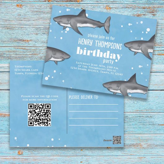 Birthday Fun Whimsical Sharks Ocean QR Code Briefkaart