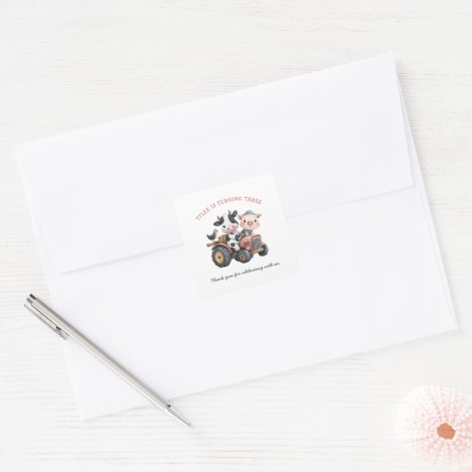 Birthday Fute Farm Animals Party Vierkante Sticker (Envelop)