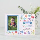 Birthday Gem Party Crystals Boy's Red Blue Photo Kaart (Staand voorkant)