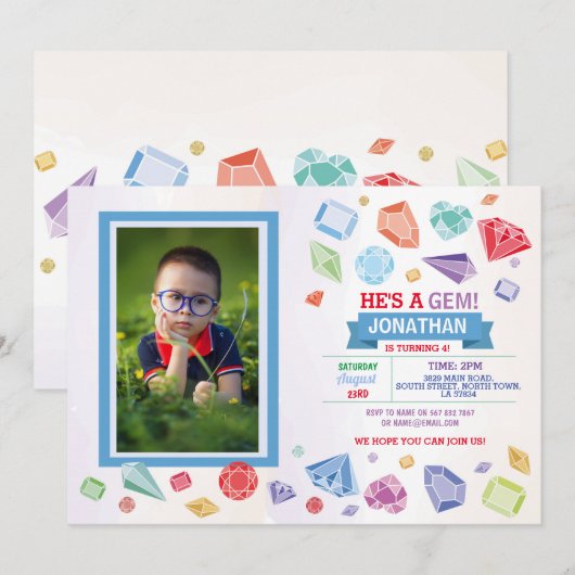 Birthday Gem Party Crystals Boy's Red Blue Photo Kaart (Voorkant / Achterkant)