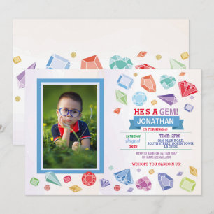 Birthday Gem Party Crystals Boy's Red Blue Photo Kaart
