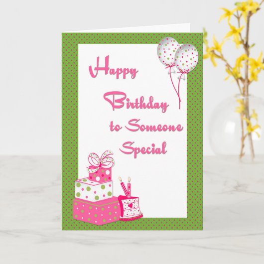 Birthday Giften met Balloons Roze en Groene Stippe Kaart (Gele Bloem)