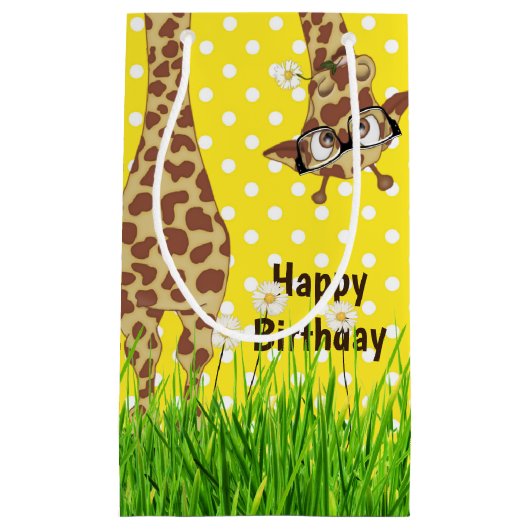 Birthday Giraffe met bril op pooldots Klein Cadeauzakje (Voorkant)