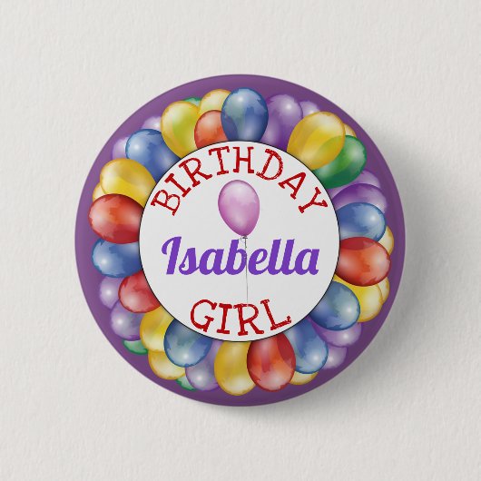 Birthday Girl Balloons Button Paars Rood Geel (Voorkant)