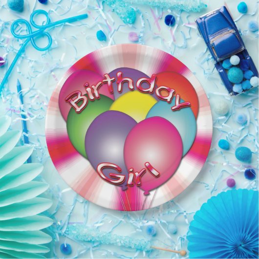 Birthday Girl Balloons Pink Party Borden Papieren Bordje (Feest)