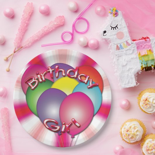 Birthday Girl Balloons Pink Party Borden Papieren Bordje (Feest)