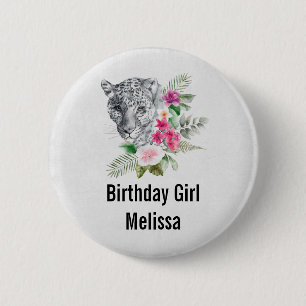 Birthday Girl Beauful Leopard Head-Waterverf Ronde Button 5,7 Cm