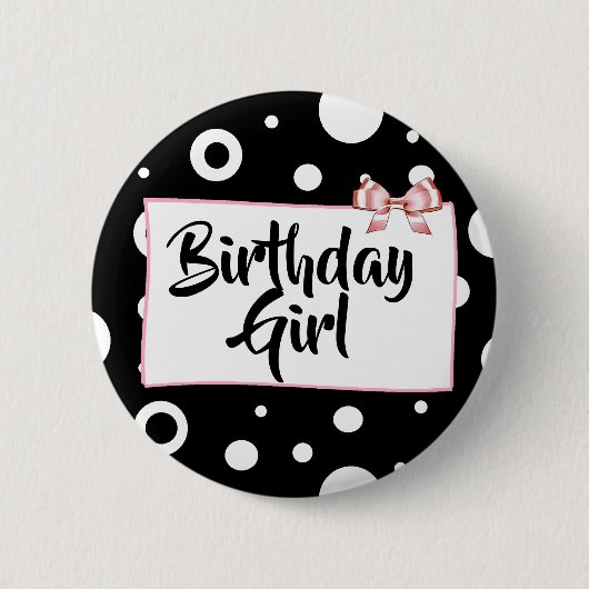 Birthday Girl Button Black, white and roze Bow (Voorkant)