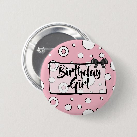 Birthday Girl Button Black, white and roze Bow (Voorkant /achterkant)