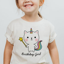 Birthday Girl Cat Unicorn met Wand T-Shirt