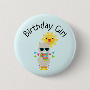 Birthday Girl Cool Llama en Smiling Kawaii Sun Ronde Button 5,7 Cm