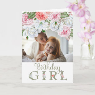 Birthday Girl Custom Photo Waterverf Flowers Kaart